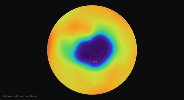 Illustrative map of the Antarctic ozone hole: low total ozone over the South Pole
